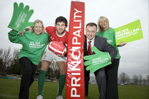 L-R Macmillan Fundraising Manager, Sue Pickin, Wales star Mike Phillips, Principality Charity Champion Colin Lewis and Macmillan Area Fundraising Manager, Liz Cole