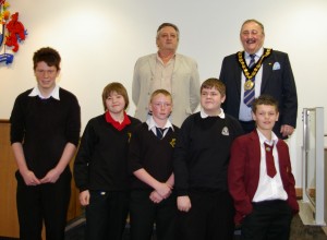 some of the Most Improved Boy Readers together with Mayor of CCBC, Cllr John Evans.