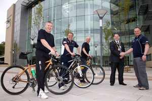 The Mayor, Cllr James Fussell, congratulates the team on cycling the length of Wales