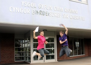 Joel Phillips and Aaron Davies celebrate their results at Ysgol Gyfun Cwm Rhymni