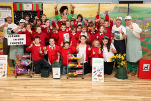 Pupils at Hengoed Primary School welcome the roadshow to their school