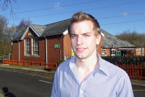 Tory candidate Owen Meredith outside Rudry Primary School which he attended from 1990-1997