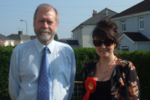 Caerphilly's Labour candidate Jeff Cuthbert with former Miss Caerphilly Rhian Davies