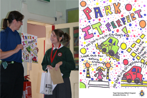 Annabelle Romais, of Ysgol Gymraeg Gilfach Fargoed, traffic warden Katrine Wright and the winning design