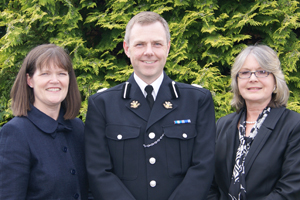 Simon Prince with (left) Chief Constable Carmel Napier and (right) Gwent Police Authority Chair, Cilla Davies