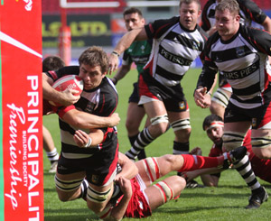 Bedwas backrow Sam Feehan gets tackled