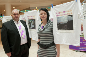 Minister Carl Sargeant with Rebecca Jones, who was once in an abusive relationship