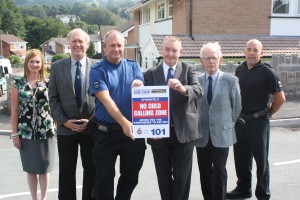 Left to right: Chair of the Springfield Community Group Zoe Hammond, local ward member Cllr Jim Criddle, PCSO Colin Davies, Cabinet Member for Public Protection Cllr Rob Gough, local ward member Cllr Malcolm Parker and PC Marc Sturgess.