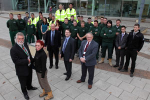 Cllr Allan Pritchard, together with Cllrs Davies, Fussell and Bevan welcome the first intake of trainees and apprentices to Caerphilly County Borough Council.