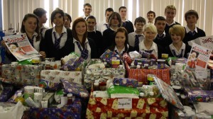 Pupils from Blackwood Comprehensive School with some of the food hampers they have put together