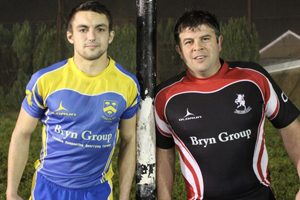 Gareth Edwards, Penallta RFC (Blue and Yellow) and Jonathan Difford, Nelson RFC (Black and Red)