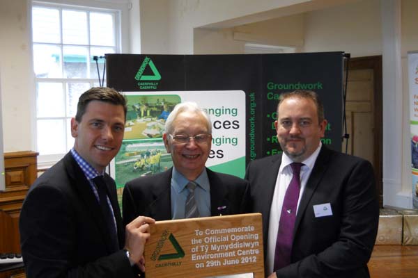 Chris Evans MP with Chris with Bob Cooke, Chairman of GAVO, and Lee Turner, Executive Director of Groundwork Caerphilly
