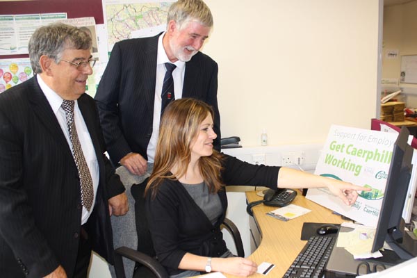 Natalie Wyatt of Caerphilly Business Forum, together with Cllr Ken James (left) and Tony Sheehan, Chair of Caerphilly Business Forum