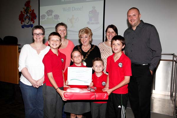 The Mayor, Cllr Gaynor Oliver, is pictured with pupils and staff from Crumlin High level School