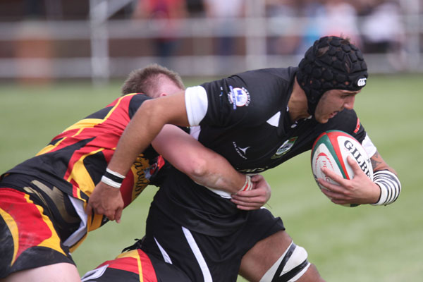Bedwas lock Kyle Maiden looks to break through a Carmarthen Quins tackle