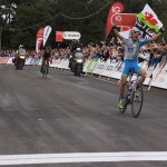 Leopold Koening celebrates as he crosses the line in Caerphilly to take the stage six win of the 2012 Tour of Britain