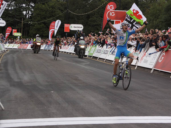 Leopold Koening celebrates as he crosses the line in Caerphilly to take the stage six win of the 2012 Tour of Britain