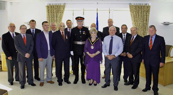 Owen Parfitt together with the Lord Lieutenant of Gwent, Simon Boyle, the Mayor of Caerphilly County Borough Council Cllr Gaynor Oliver and colleagues from Blackwood Rugby Club
