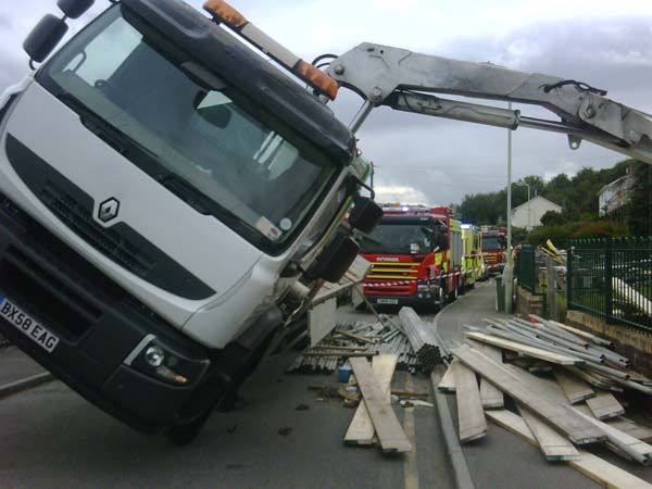 The flatbed lorry that overturned at Mountain Ash last year