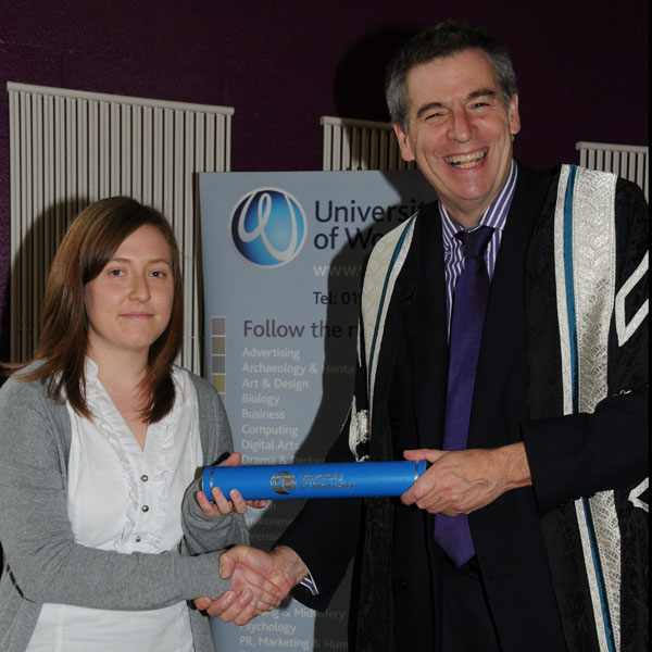 Ffion Porter receiving her Academic Scholarship Award from University of Worcester Vice Chancellor Professor David Green