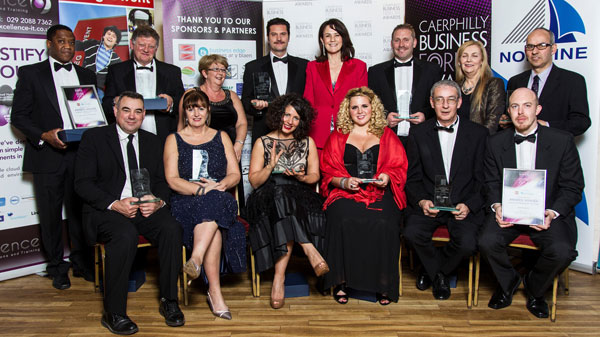 The winners of the 2012 Caerphilly Business Forum Awards with presenter Frances Donovan