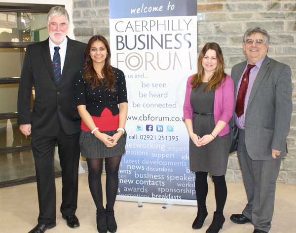Chair of Caerphilly Business Forum Tony Sheehan, Sonam Patel, Caerphilly Business Forum Marketing Officer Natalie Whyatt and Cabinet Member Cllr Ken James.
