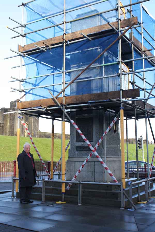 Cllr Dave Poole visiting Caerphilly's memorial - the work should take two weeks to complete
