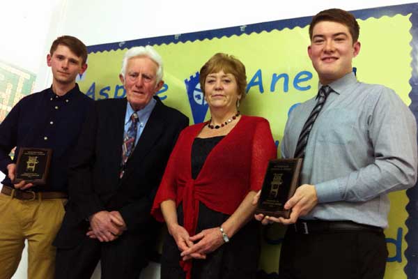 Award winner Andrew Gough, with Mr DB Davies, Liz Lloyd and fellow award winner Jess Jones