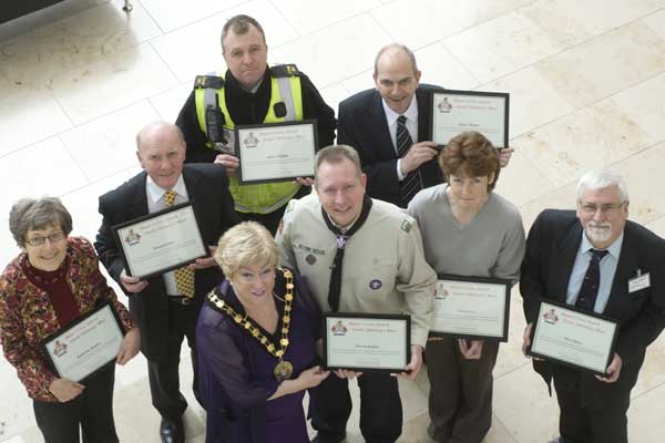 Mayor Gaynor Oliver with recipients of the Caerphilly Civic Award