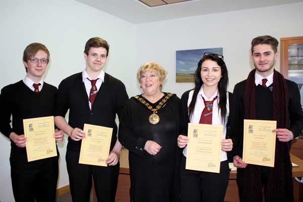 The successful team from Heolddu Comprehensive School with Mayor Gaynor Oliver