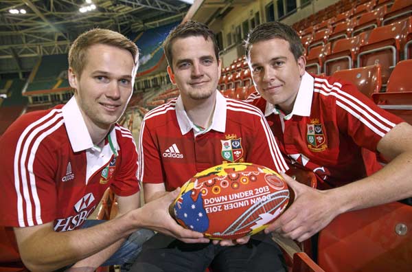 Johnny Rogers, lottery millionaire Alun Jones and Paul Duggan at the Millennium Stadium before setting off for Australia.