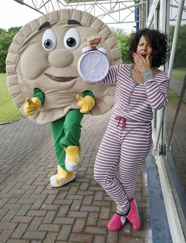 Pete the Pie with Peter's Pies marketing director Clare Morgan
