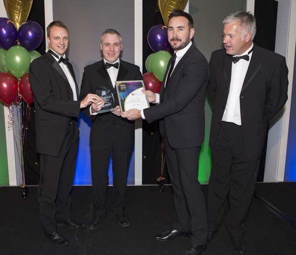 INDEBTED: (left to right) Castle and Gate’s Chris Chugg and Allan Poole being presented the Caerphilly Business Forum’s New Business of the Year Award 2013 by Chwarae Teg’s Andrew Reed