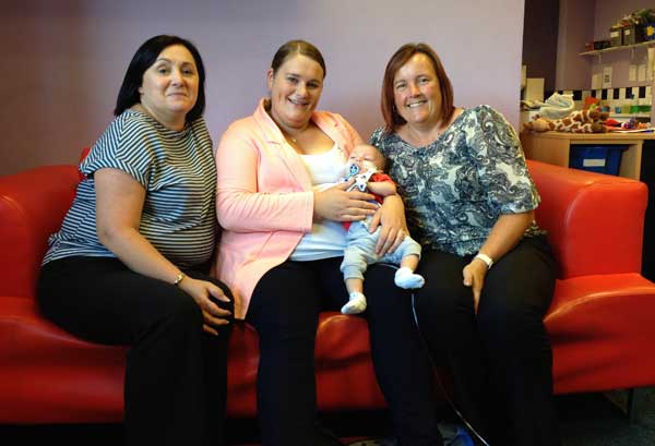 Lyn Bourne (left) and Cindy Baghurst (right) of Britannia Day Nursery with Zoe Fowler and son Olly