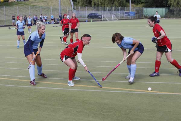 CHAMPIONS: Sue Noake, in red, won the game after a good start by Risca Ladies 