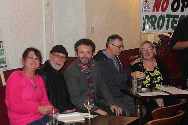 CHARTING DEMOCRACY: Michael Sheen with United Valleys Action Group campaigners 