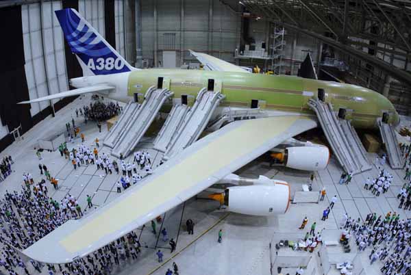 SUPER JUMBO: The emergency slides being tested on an A380 aircraft