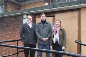 OPENING: Edward Crabtree, Cllr James Pritchard (centre), and Angela Crabtree outside the former Caerphilly Library