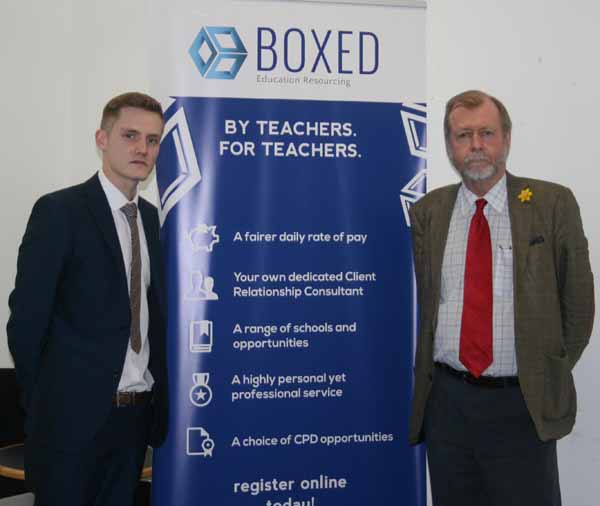 Boxed’s Jordan Wellman with Caerphilly AM Jeff Cuthbert (left)