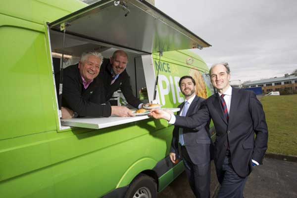 SLICE OF THE PIE: Peter’s Pies’ Managing Director Mike Grimwood with Finance Director David Peek serve Welsh Secretary Stephen Crabb and Tory candidate Leo Docherty 