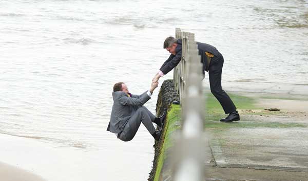 Caerphilly's UKIP candidate Sam Gould is hauled up the sea wall in Margate