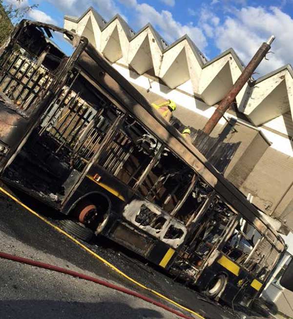 The burnt out bus outside the Aneurin Sports Bar in Penyrheol