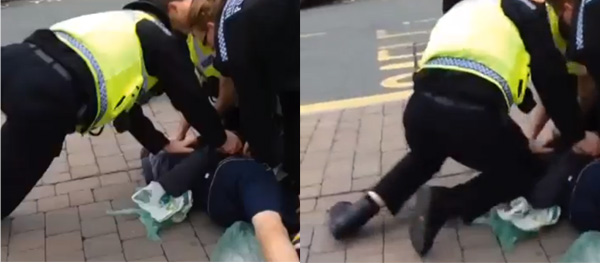 ARREST: The video shows an officer step back before kneeing a man with force on the floor