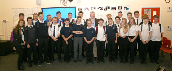 HERO: Simon Weston with pupils from Bedwas High School