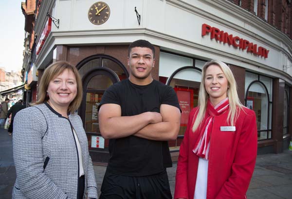 Principality Premiership Player of the Month Leon Brown with Michelle Wade, Head of Retail, left, and Laura Palmer, Senior Branch Manager at the Newport Branch of Principality