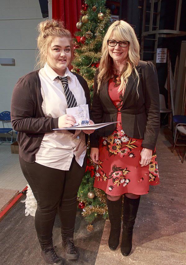  Louise Mann (right) presented the first Adam Morris Legacy prize to pupil Alissia Jones