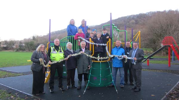 Cwm Glas Primary School pupils helped to unveil the new play area in Llanbradach