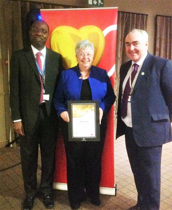 50 NOT OUT: Wendy Adams with Dr Keith Wilson, Director of South Wales Bone Marrow Transplant Programme (left) and Steve Ham, CEO of Velindre Trust