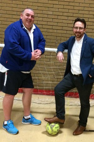 Former Wales goalkeeper Neville Southall (L) is backing Labour candidate Hefin David at the Welsh Assembly Elections