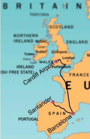 The route Andrew Parry take, ending in Santander